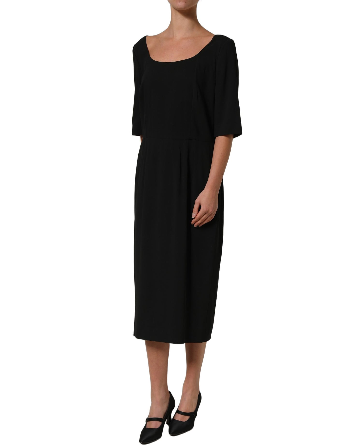 Black Viscose Cropped Sleeves Midi Dress