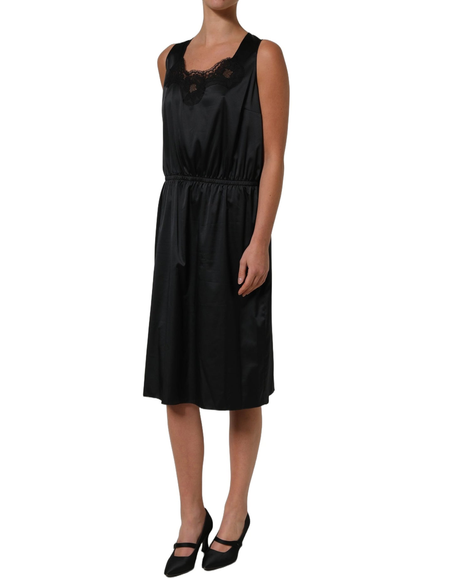 Black Polyester LaceTrim Sheath Midi Dress