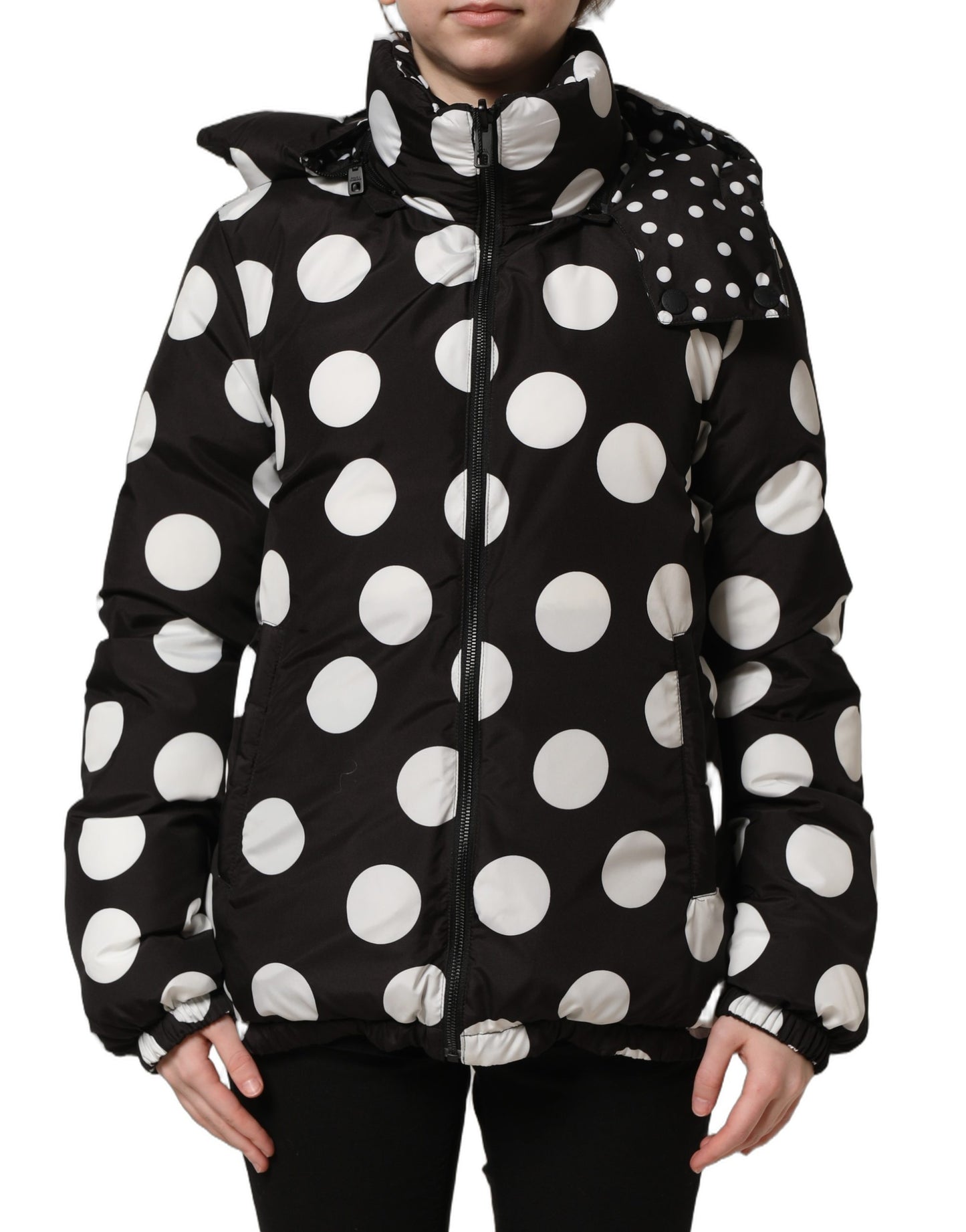 Black White Polka Dot Hooded Blouson Jacket