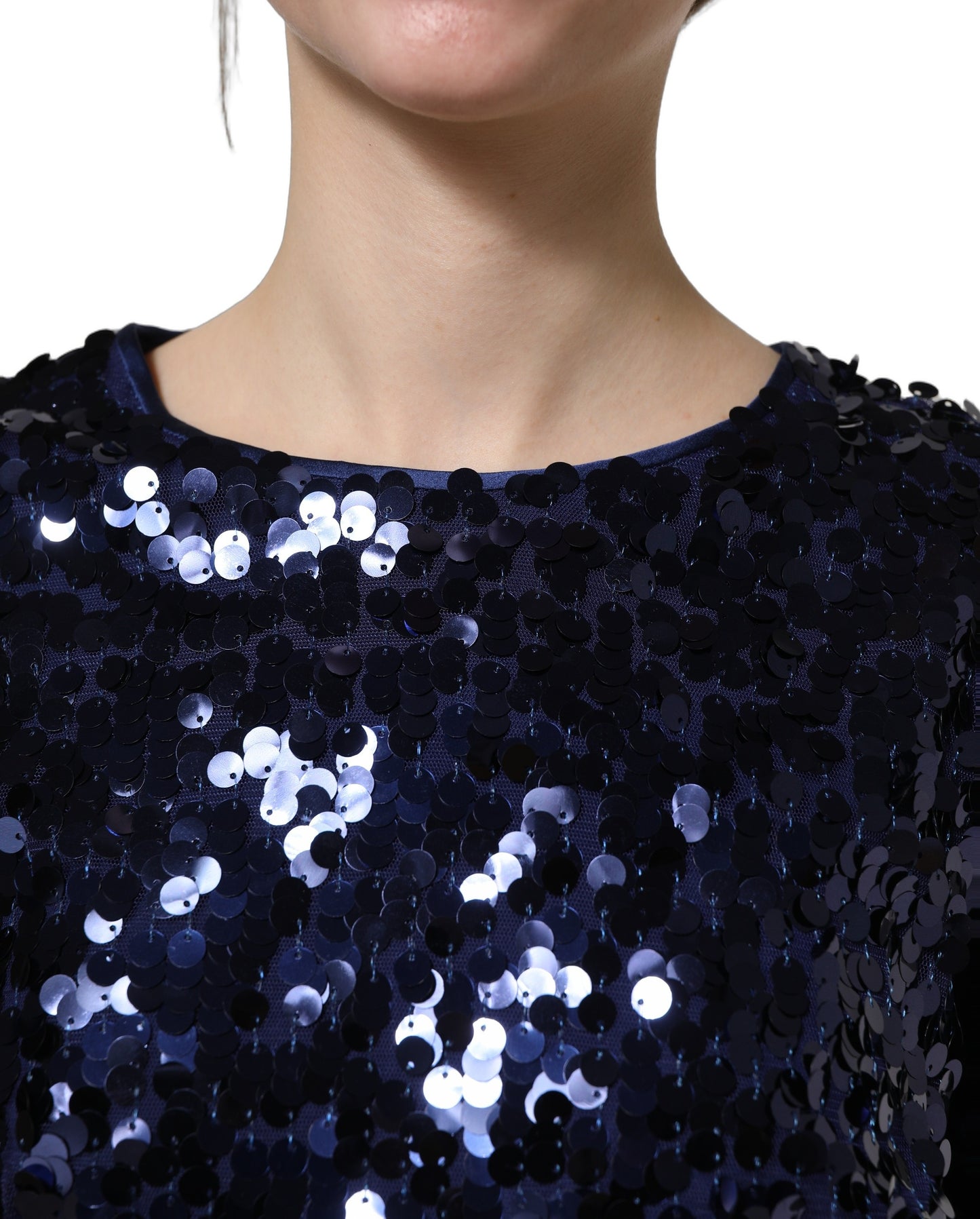 Blue Sequined Long Sleeves Crop Blouse Top