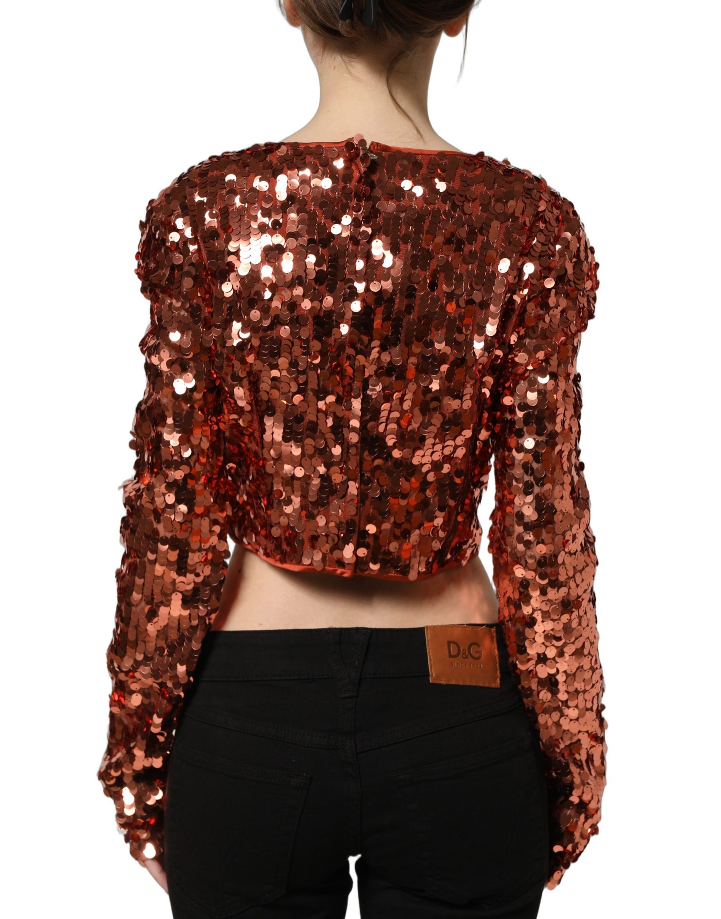 Red Sequined Long Sleeves Crop Blouse Top