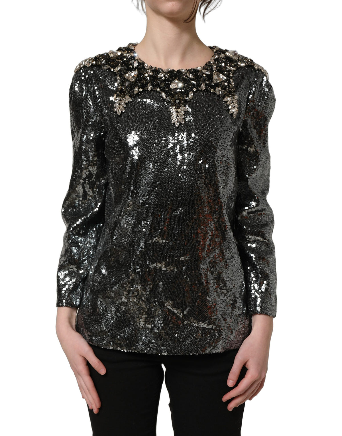 Metallic Gray Sequin Embellished Blouse Top
