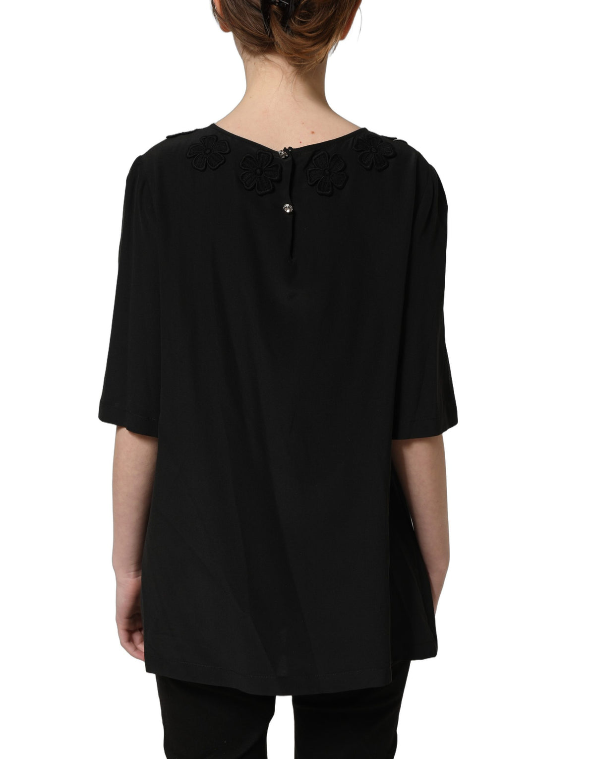 Black Floral Silk Heart Appliqué Blouse Top
