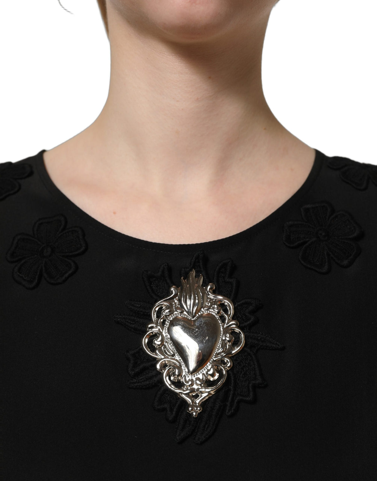 Black Floral Silk Heart Appliqué Blouse Top