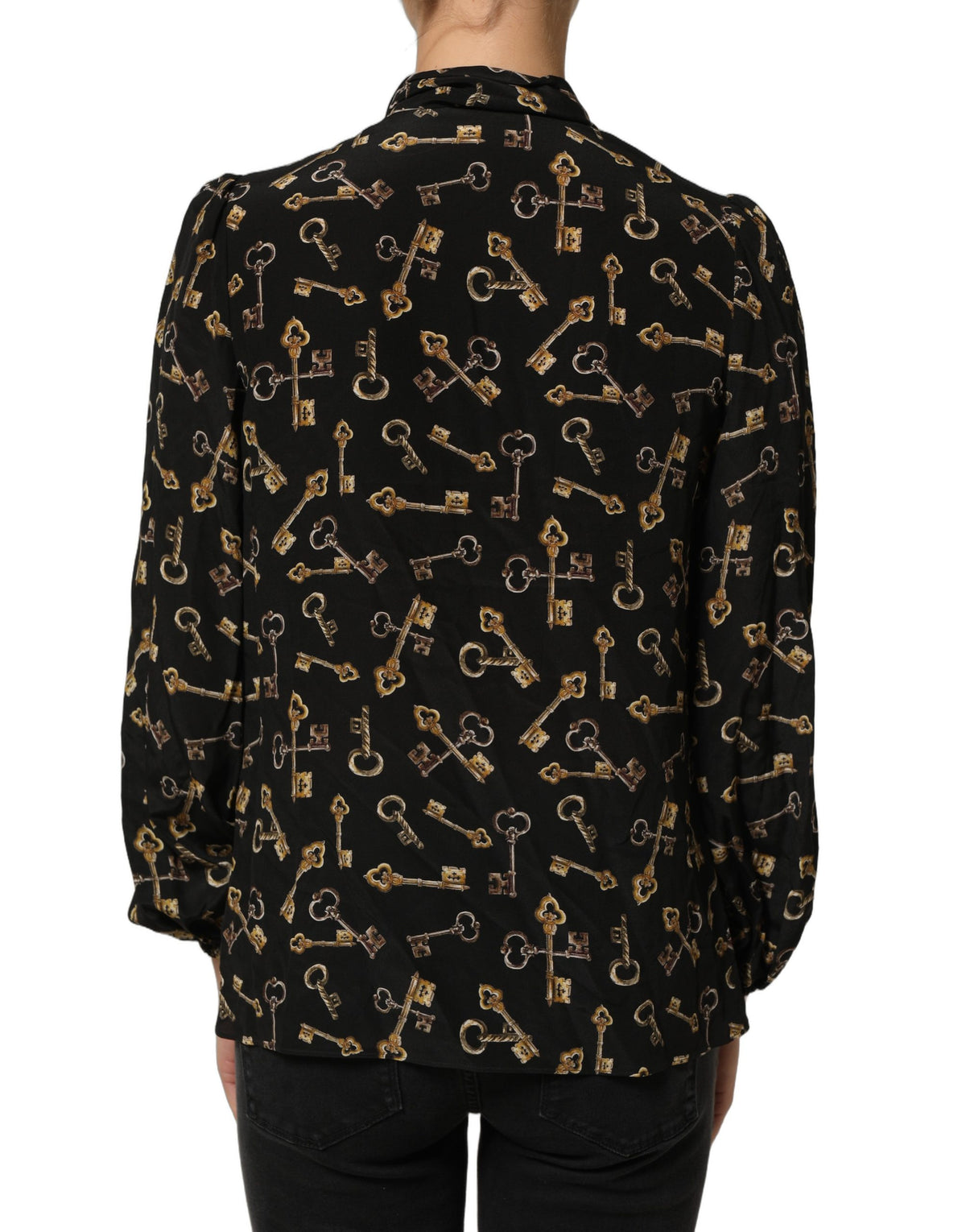 Black Keys Print Silk Tie Neck Blouse Top