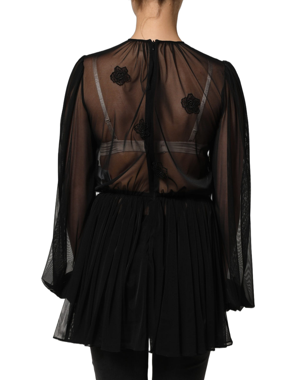 Black Polyester Mesh Sheer Crewneck Blouse Top