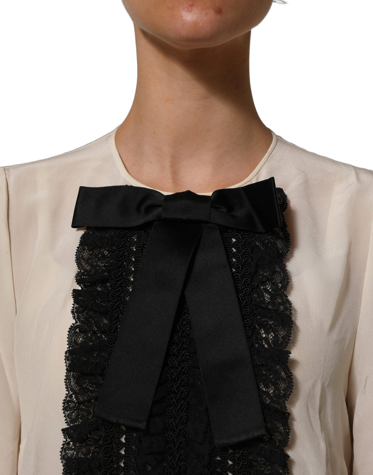 White Lace Trim Bow Short Sleeves Blouse Top