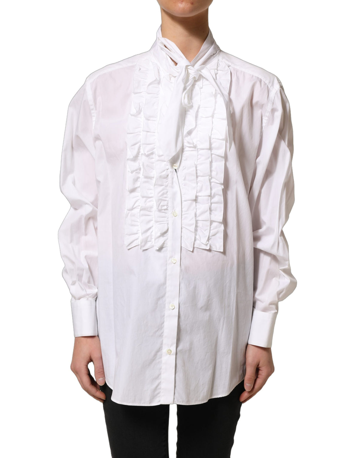 White Ruffled Bib Long Sleeves Blouse Top