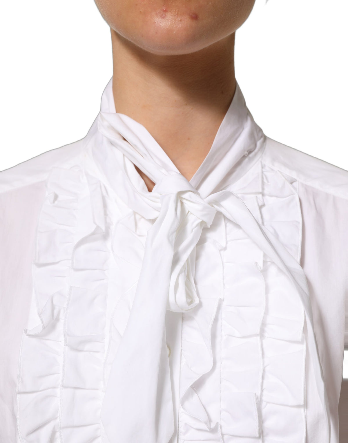 White Ruffled Bib Long Sleeves Blouse Top