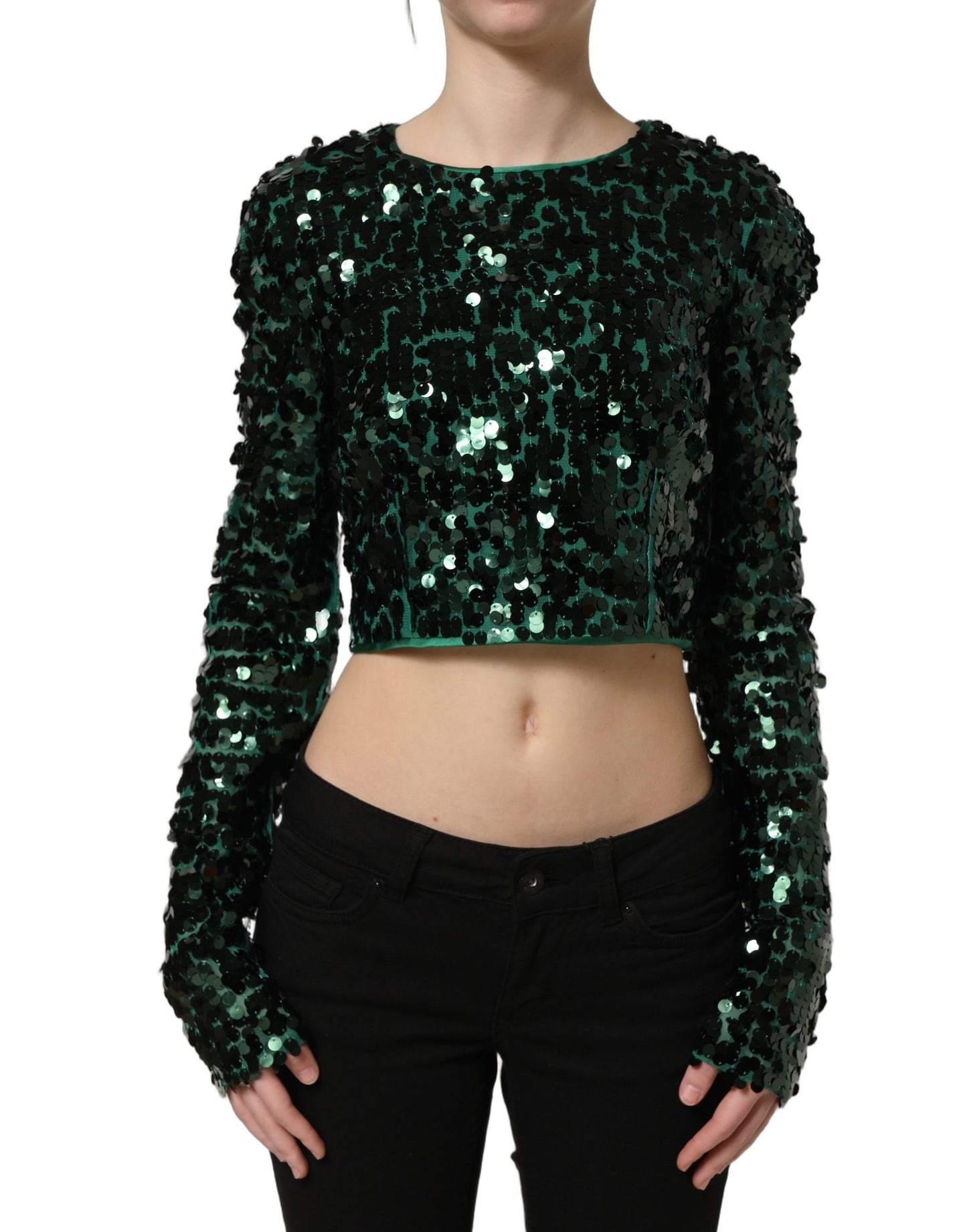 Green Sequined Long Sleeves Crop Blouse Top