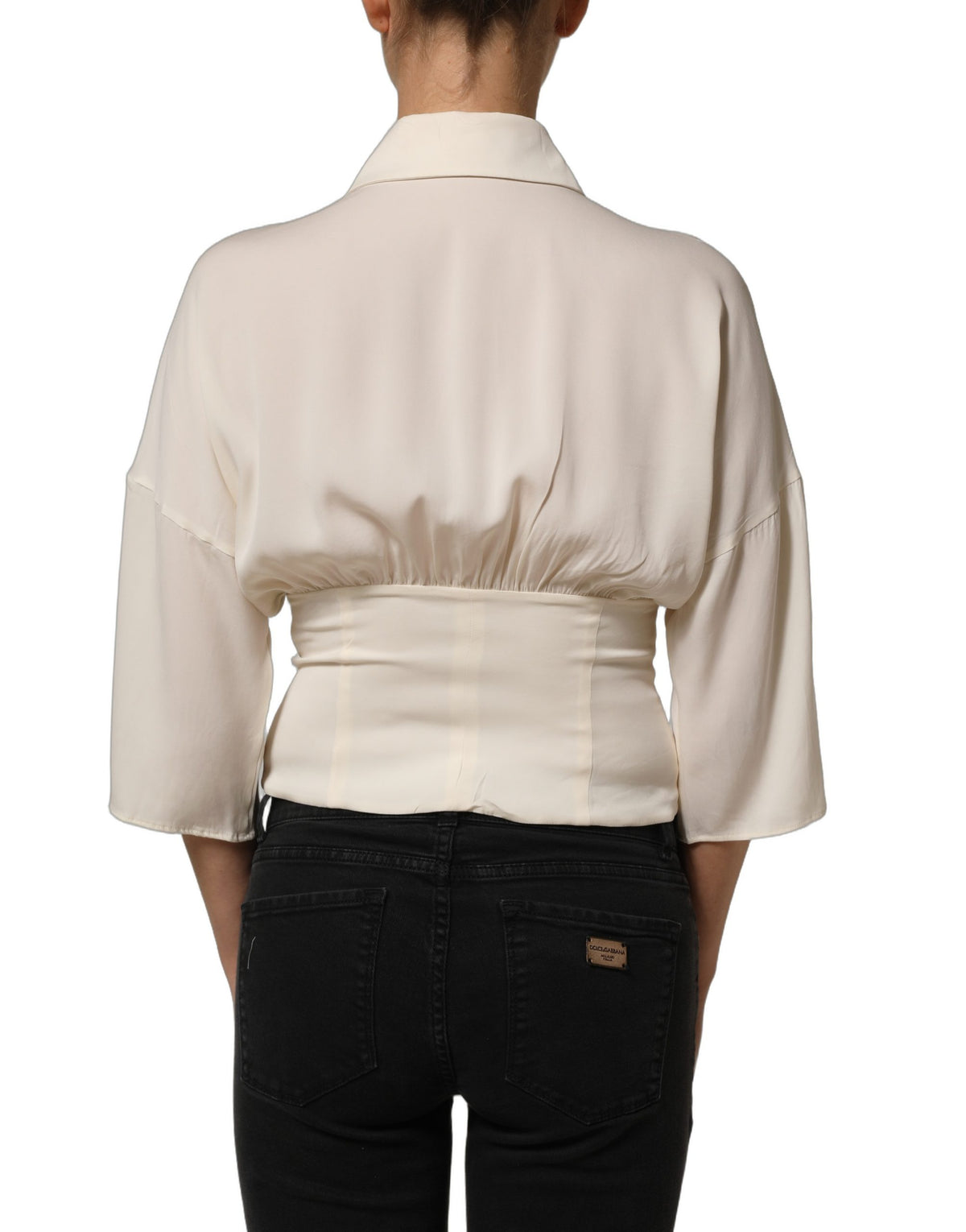 Off White Ascot Collar Long Sleeves Blouse Top