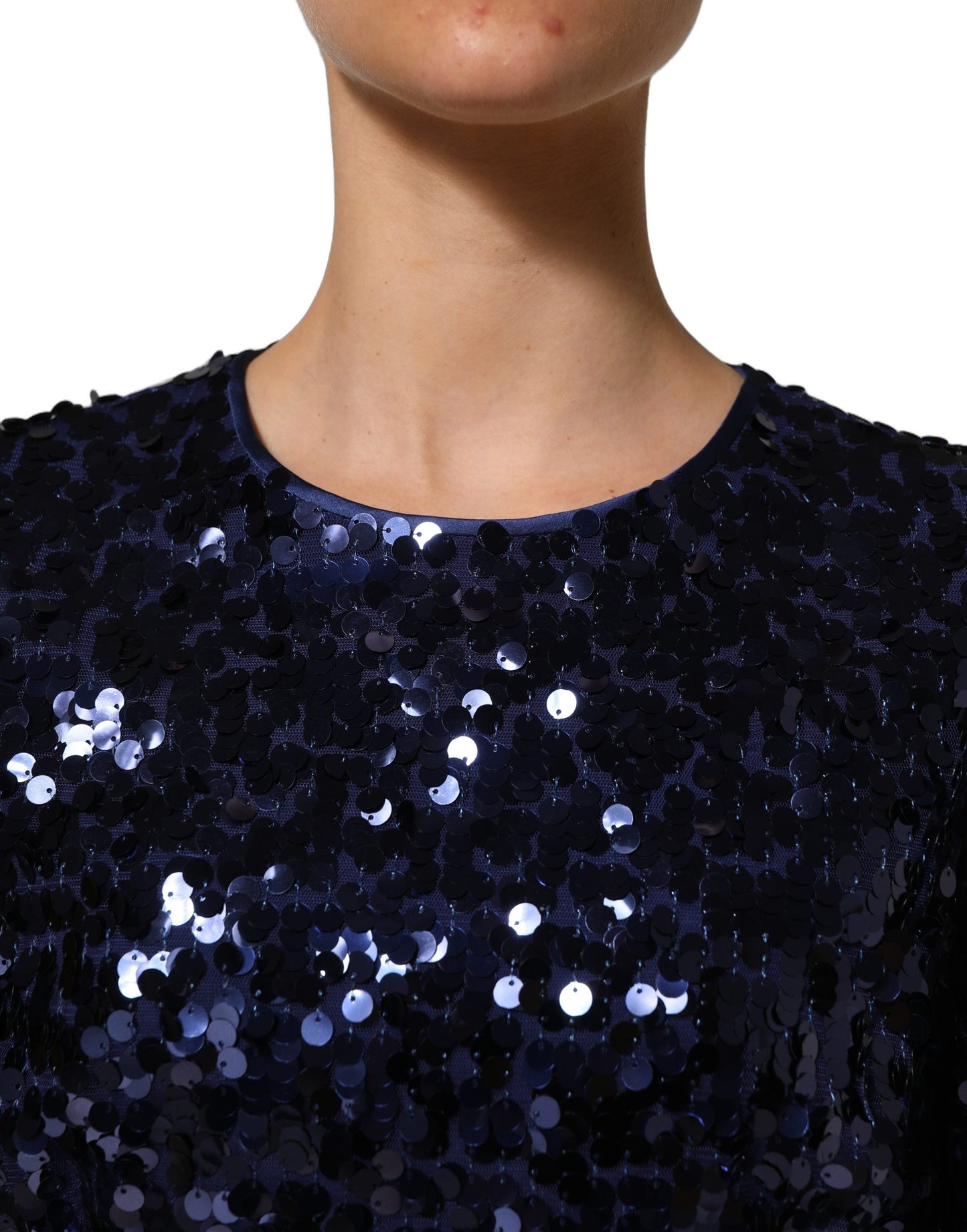 Blue Sequined Long Sleeves Crop Blouse Top