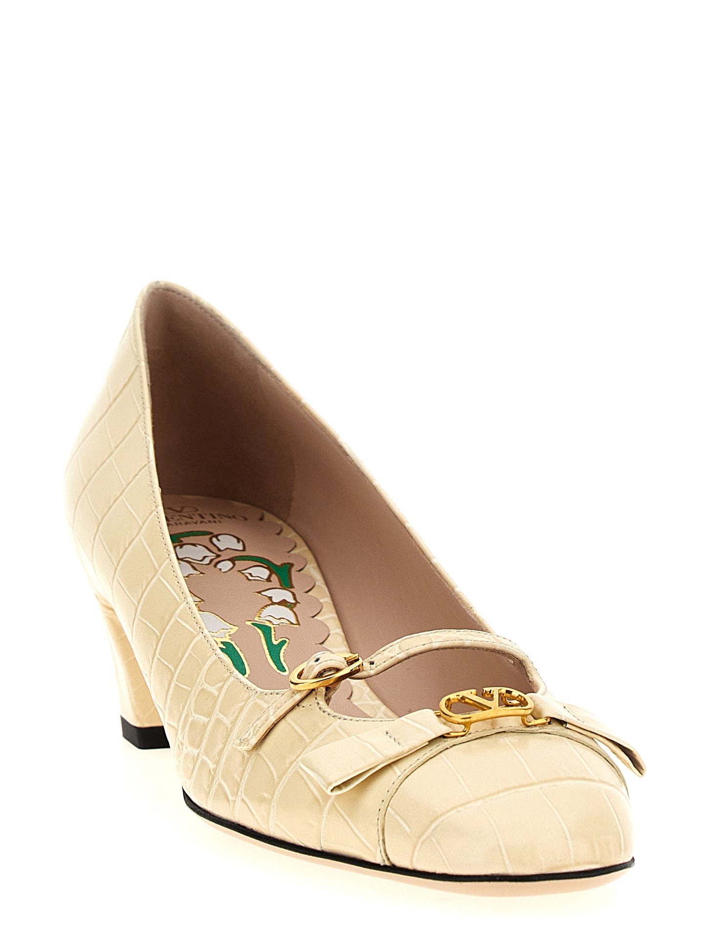 White Calfskin Mid Heel Pumps