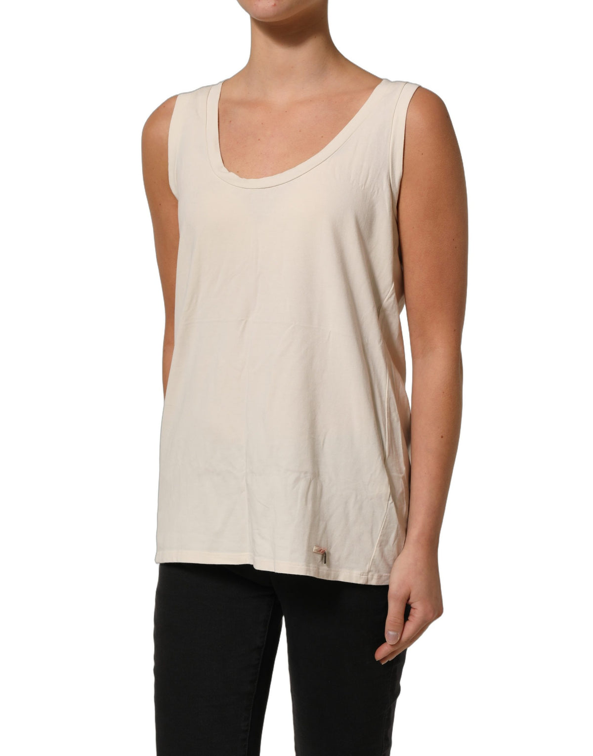 Beige Viscose Sleeveless Round Neck Women Tank Top