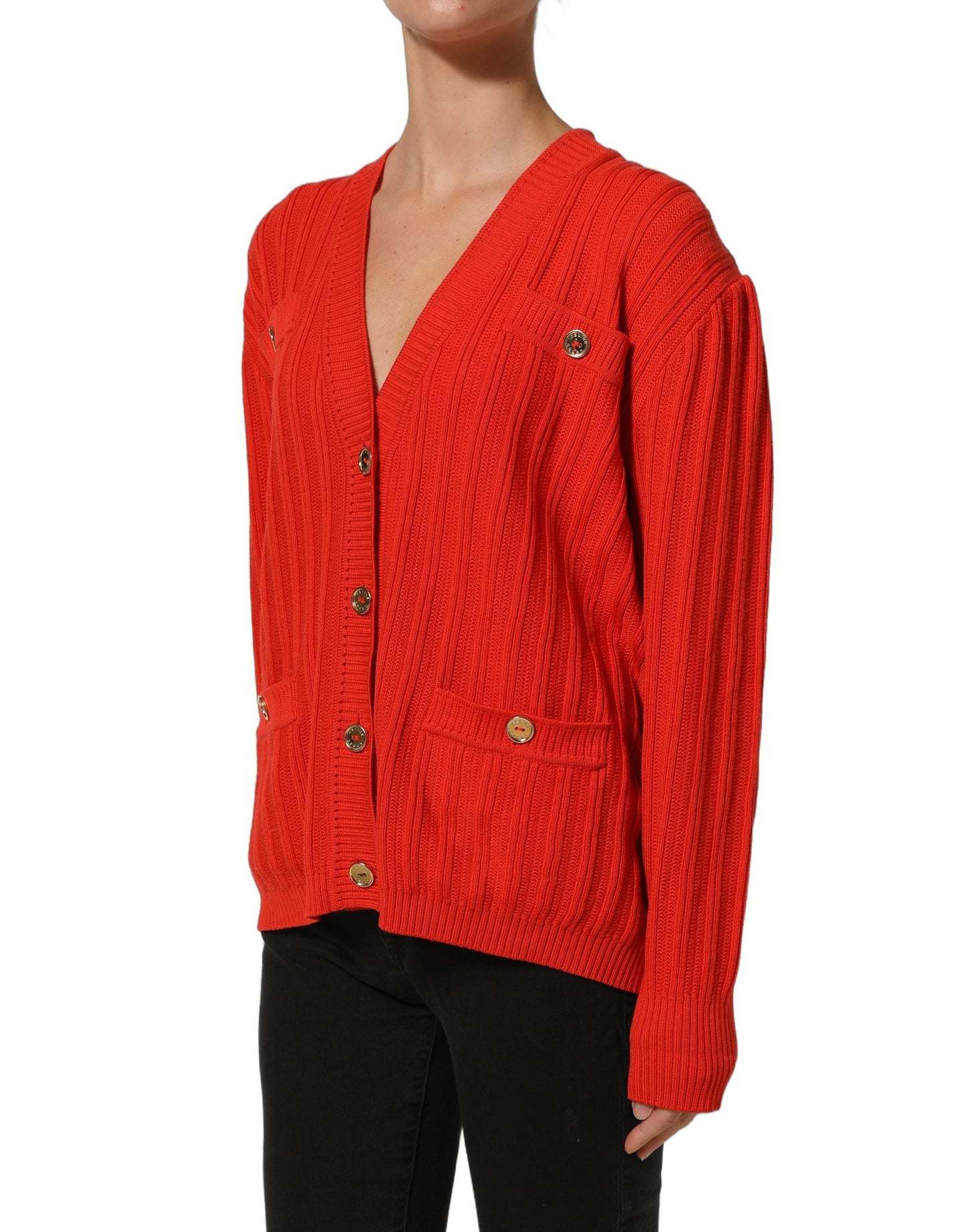 Red Wool Knit ButtonEmbellished Cardigan Sweater