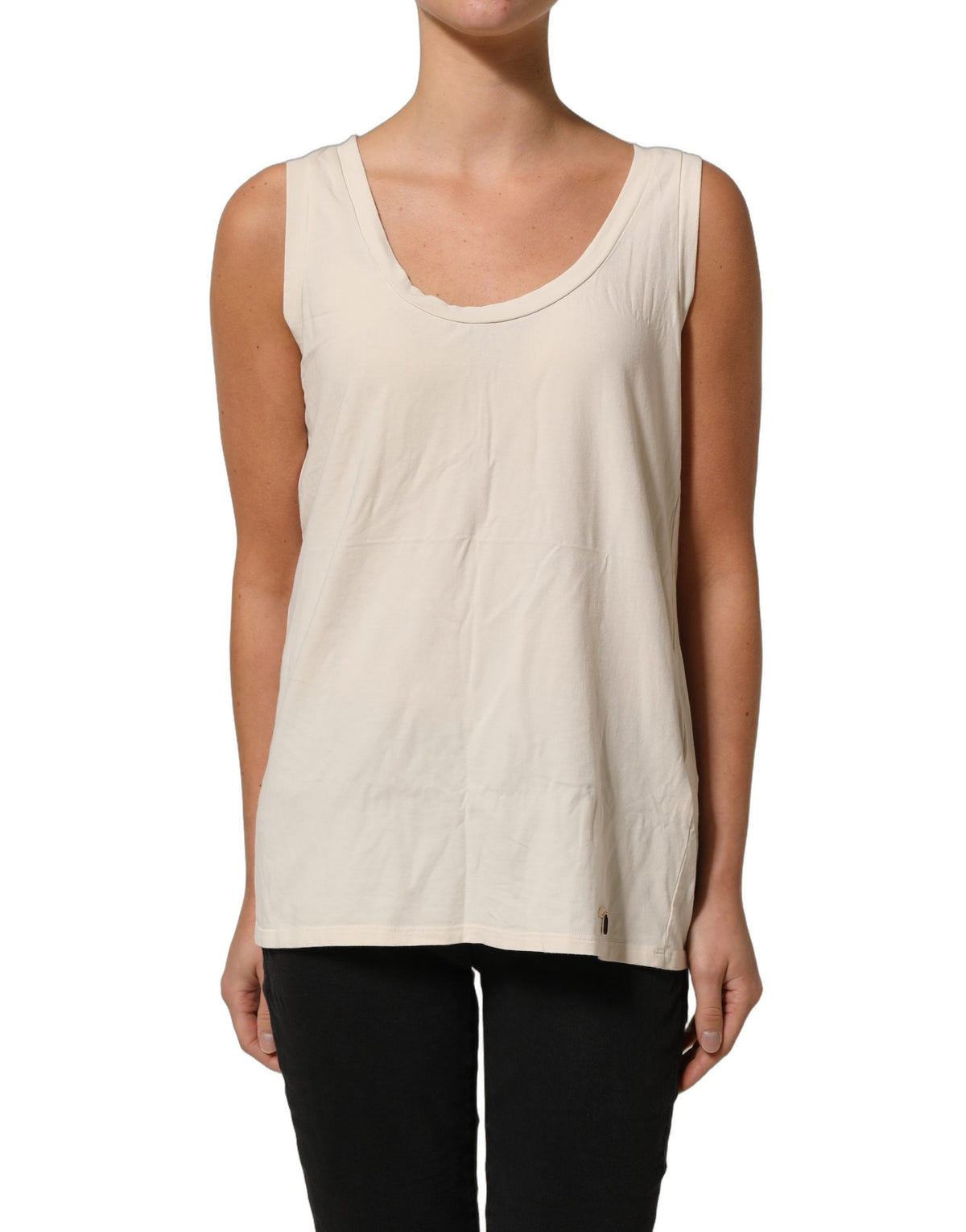 Beige Viscose Sleeveless Round Neck Women Tank Top