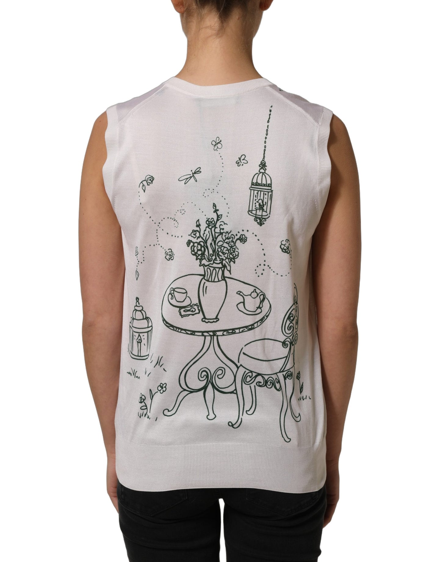 White Silk Knit Garden Fountain Print Tank Top