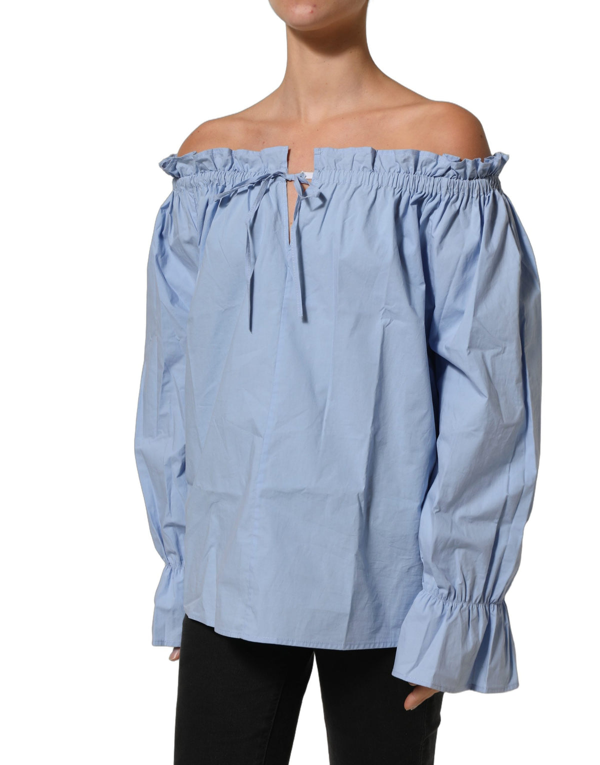 Light Blue Cotton Off Shoulder Long Sleeves Top