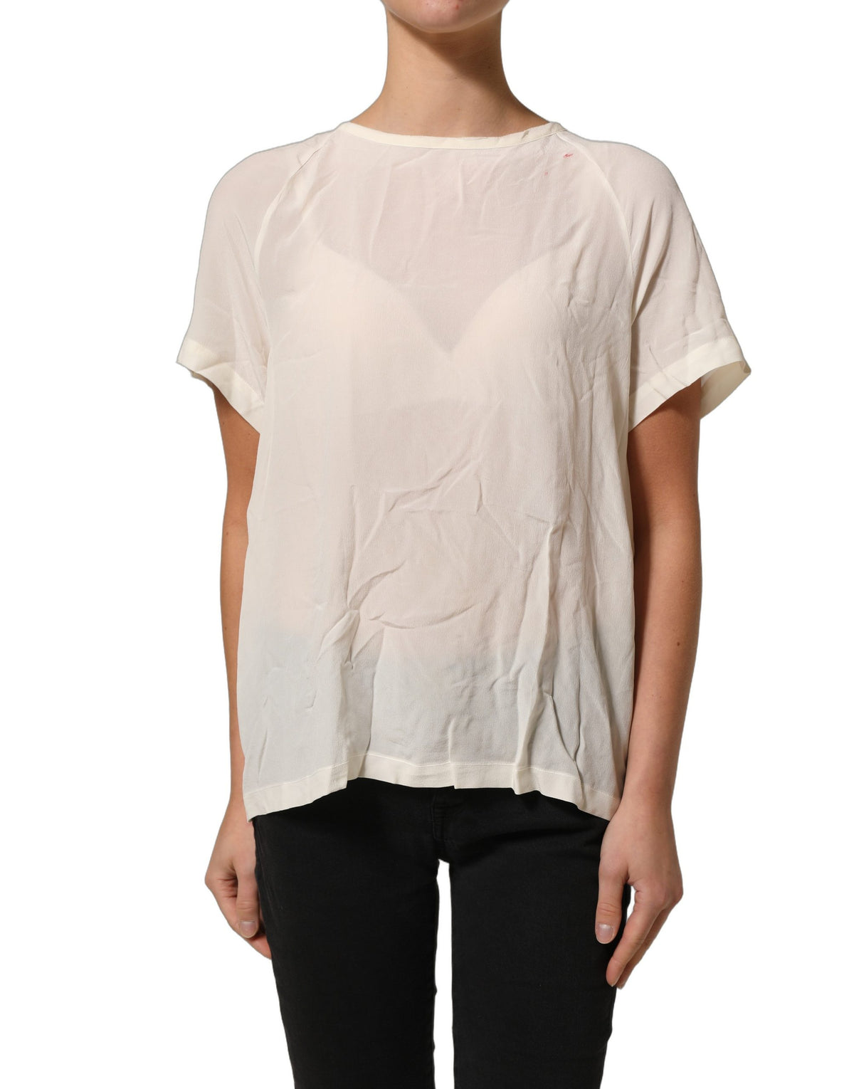 Off White Silk Sheer Round Neck Short Sleeves Blouse Top
