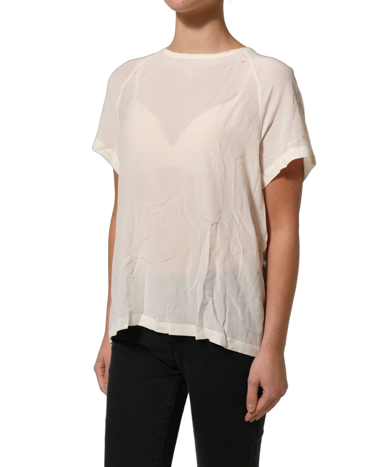 Off White Silk Sheer Round Neck Short Sleeves Blouse Top