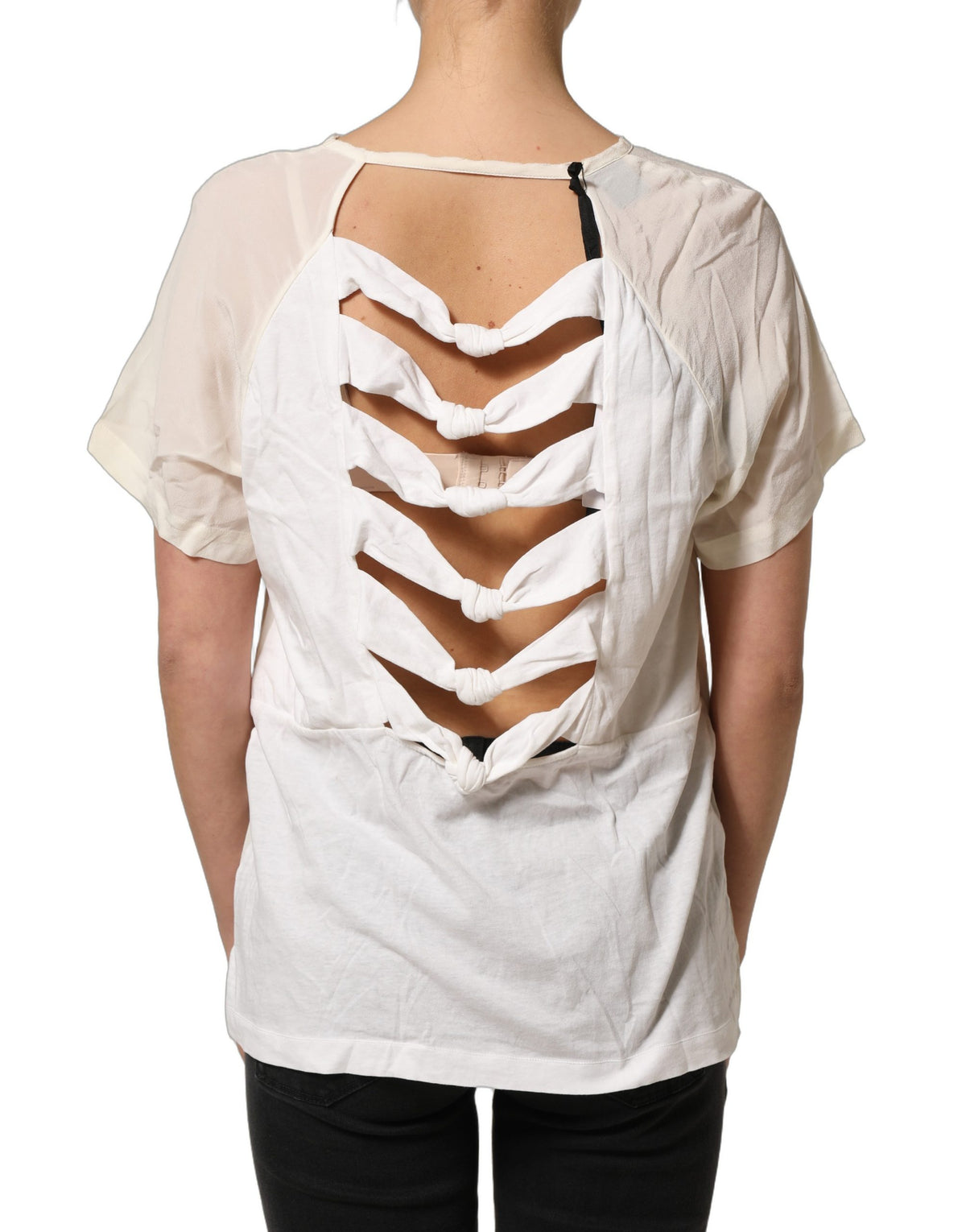 Off White Silk Sheer Round Neck Short Sleeves Blouse Top