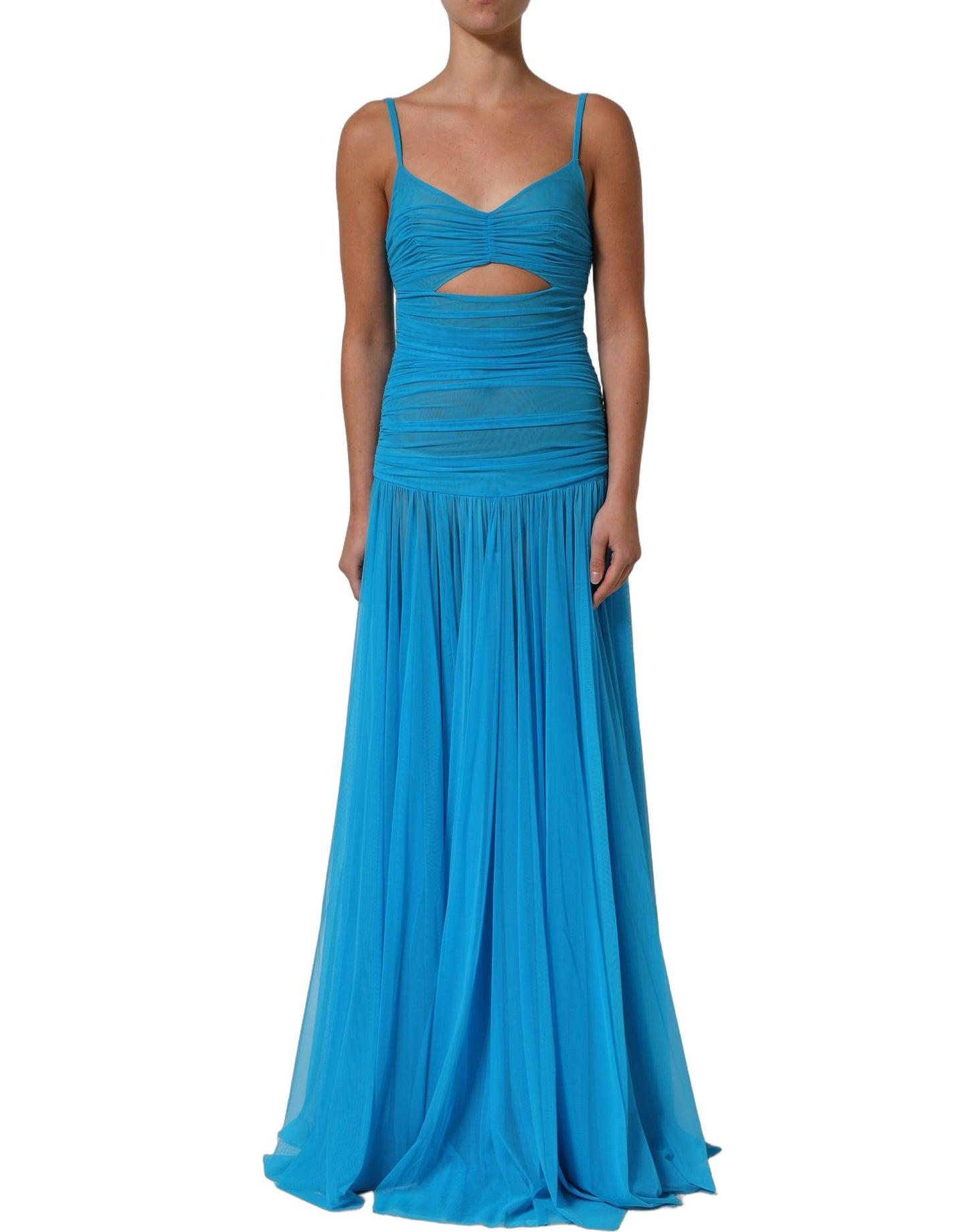 Blue Nylon Pleated Chiffon CutOut Gown Dress