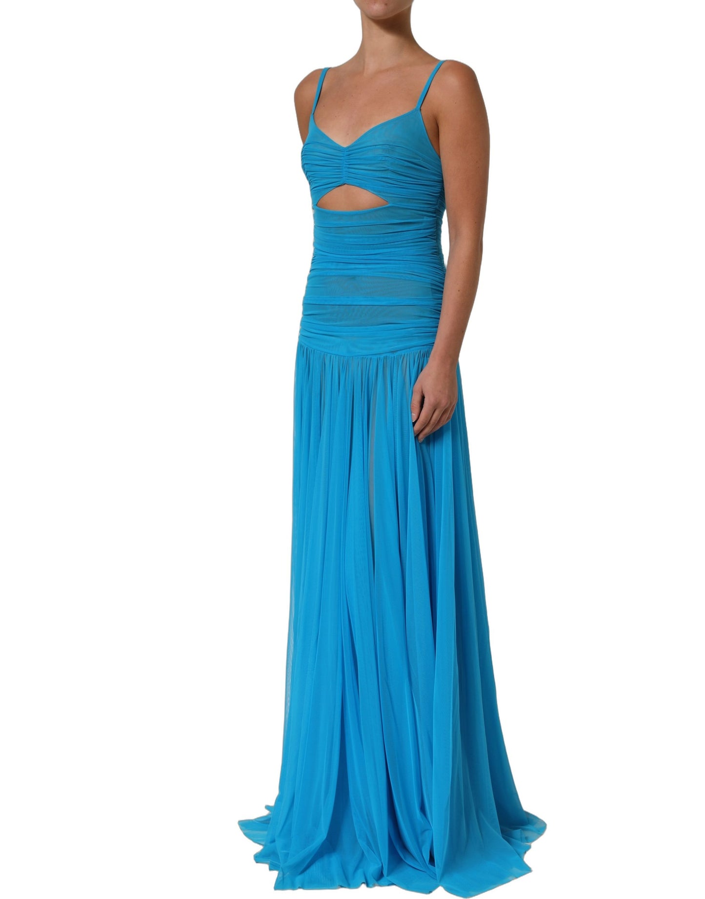 Blue Nylon Pleated Chiffon CutOut Gown Dress