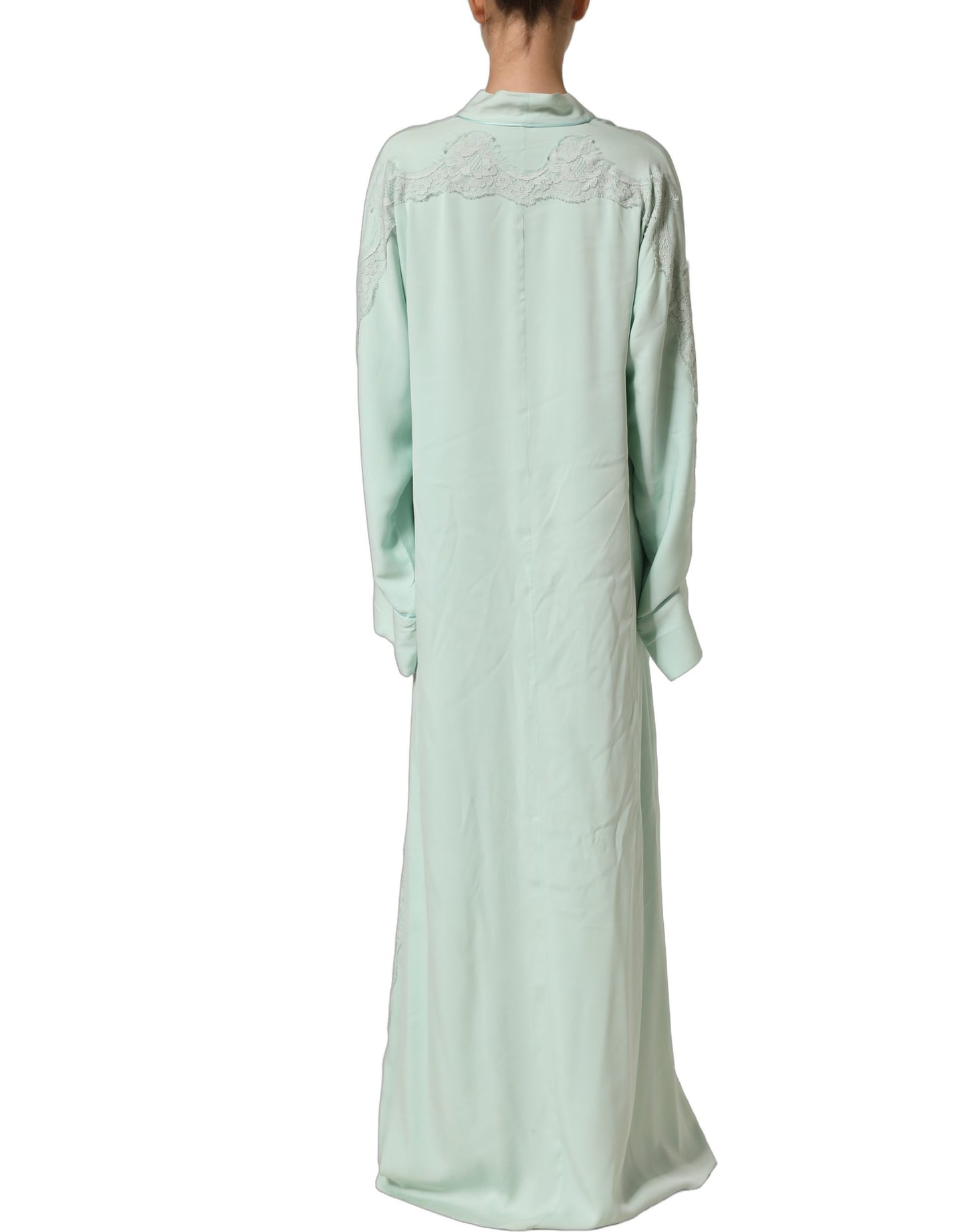 Mint Green Silk Lace Trim Abaya Maxi Dress