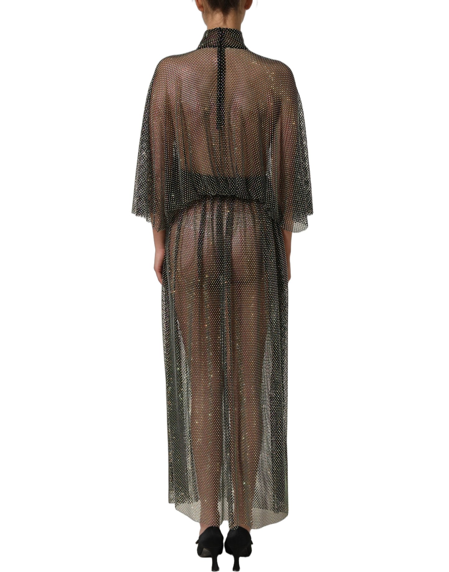 Black Rhinestone Mesh Turtleneck Maxi Dress