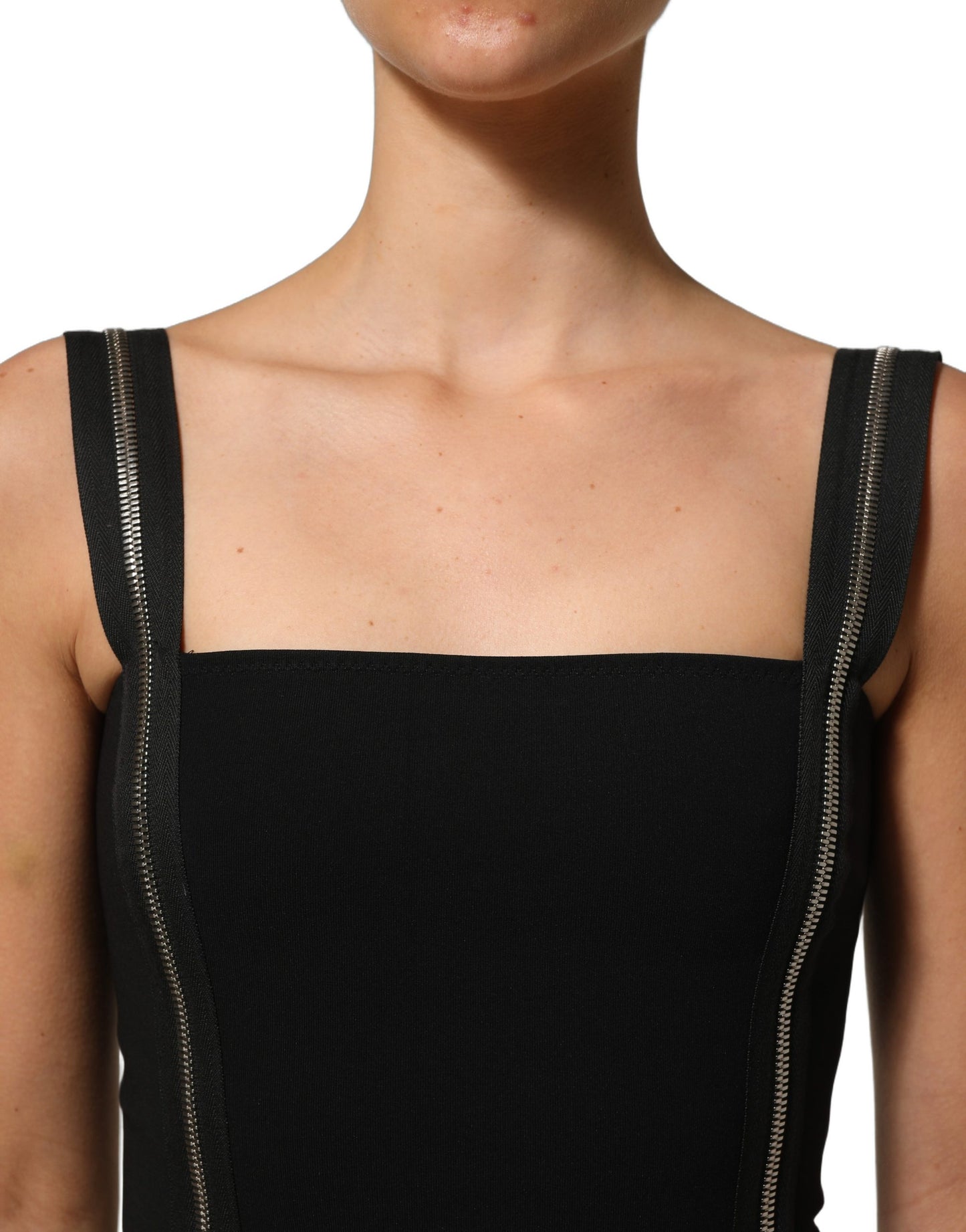 Black Sleeveless Front Zipper Midi Dress