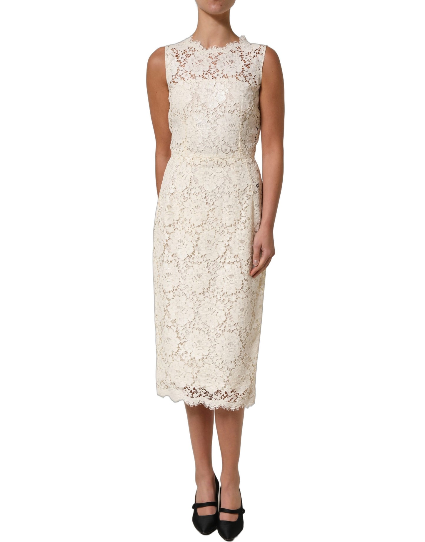 White Cotton Corded Lace Sleeveless Midi Dress