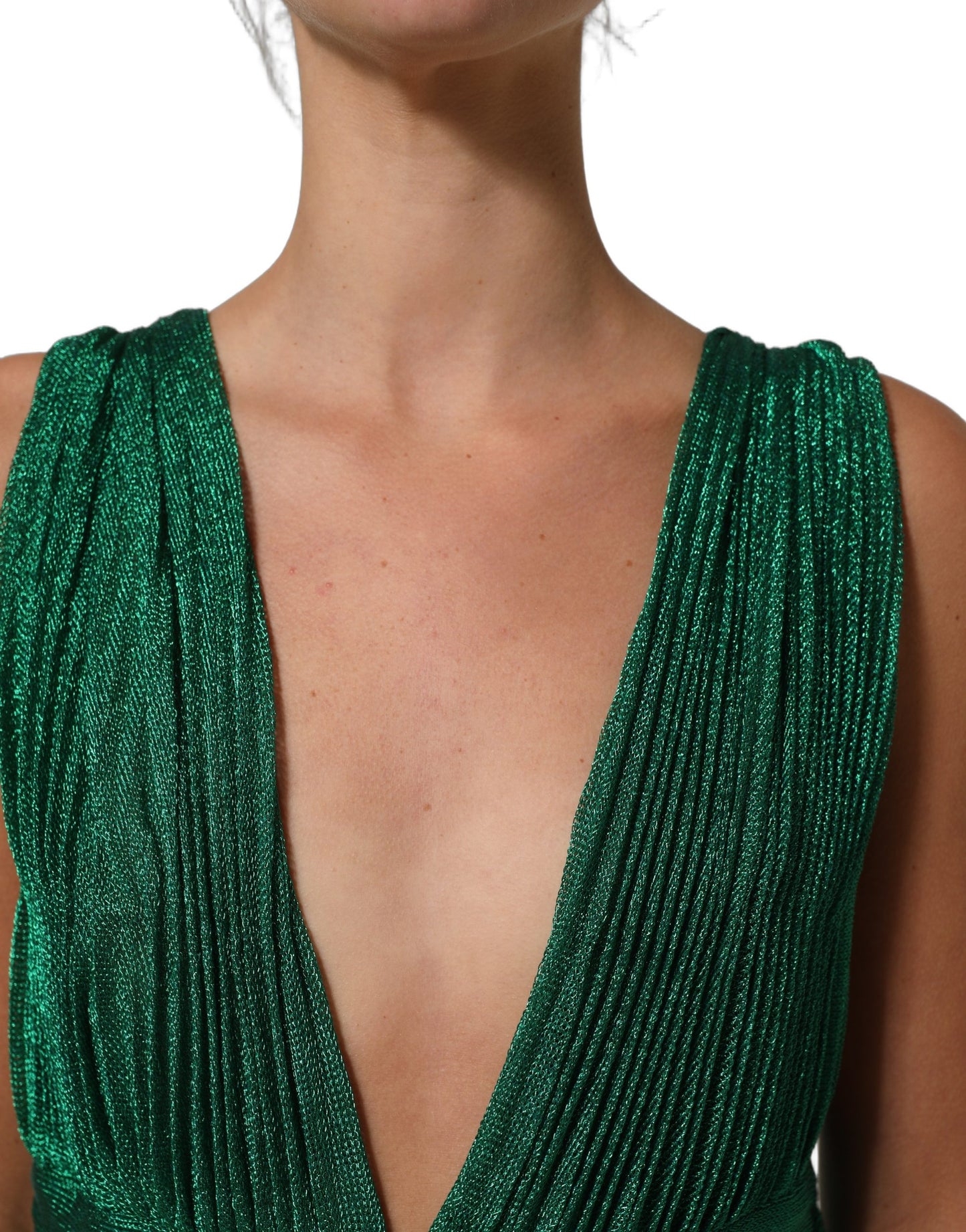Metallic Green Sleeveless Plissé Gown Dress