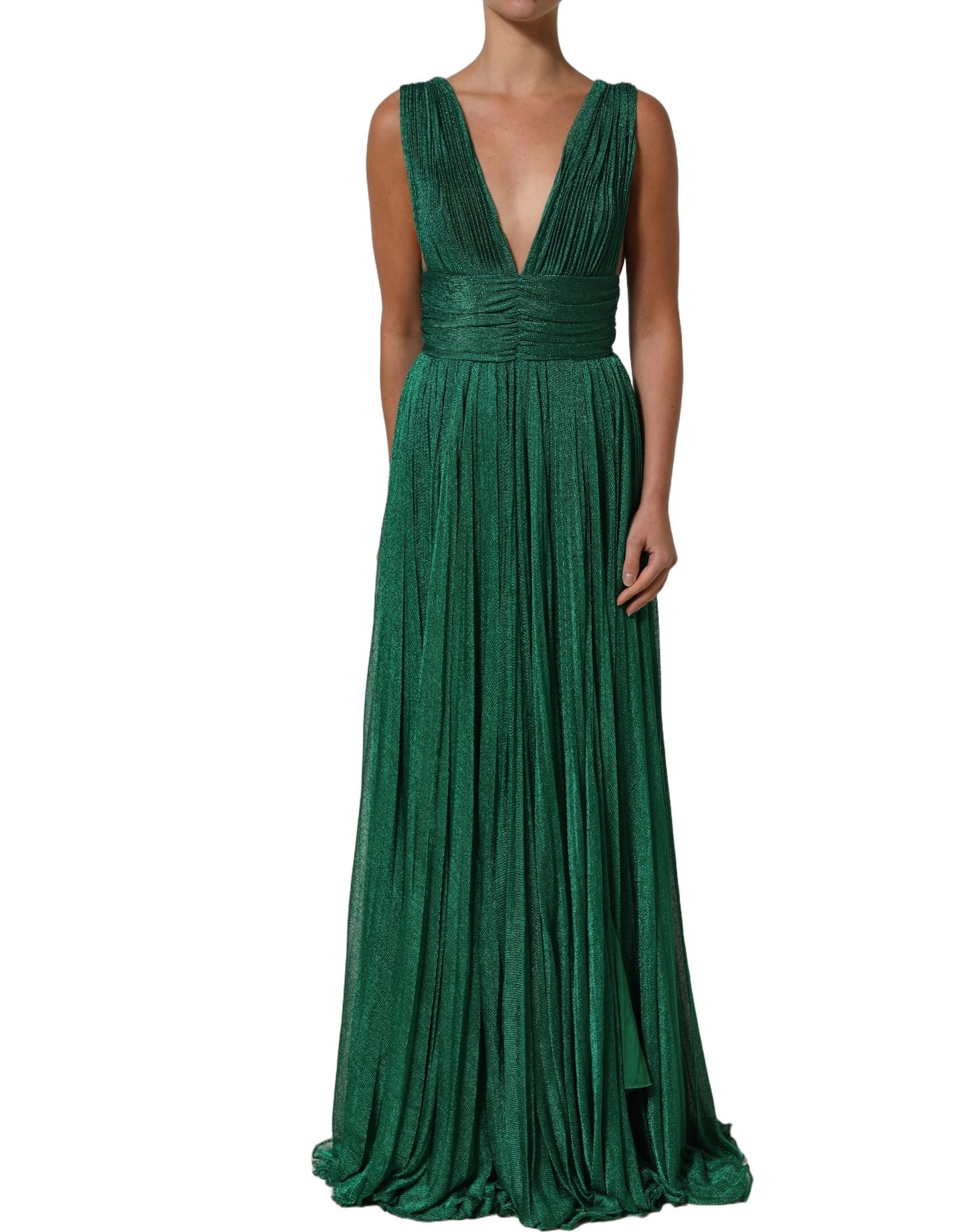 Metallic Green Sleeveless Plissé Gown Dress