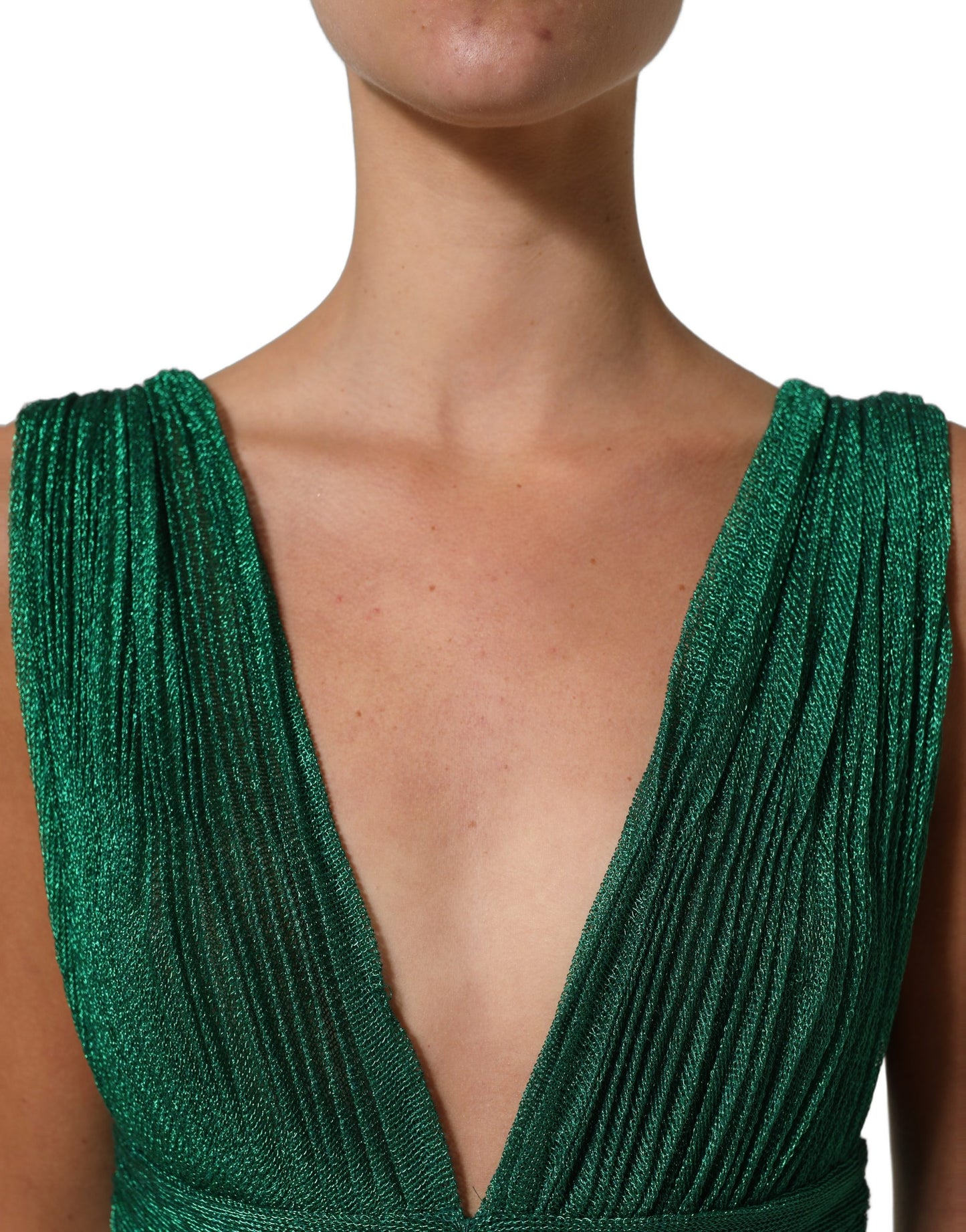 Metallic Green Sleeveless Plissé Gown Dress