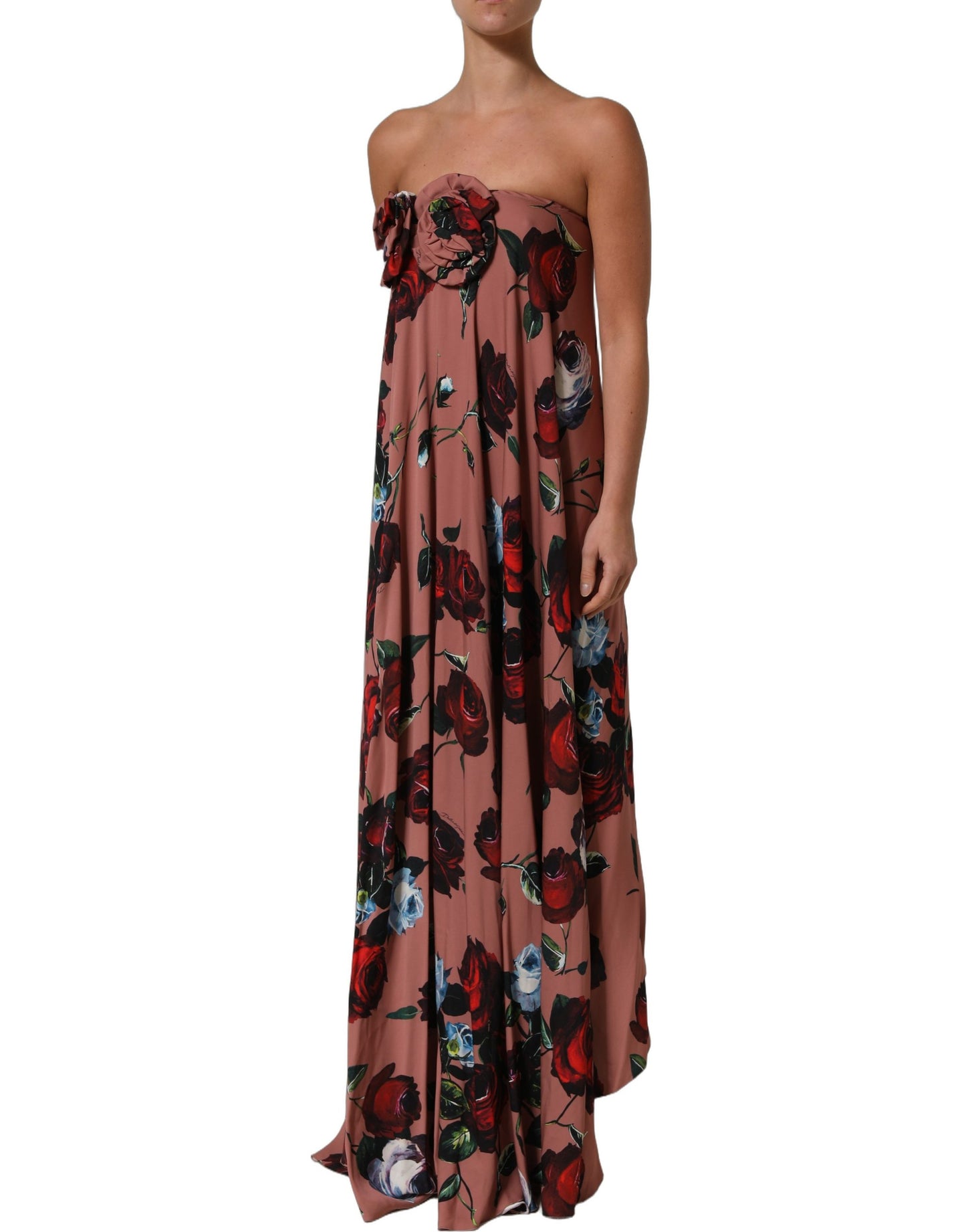 Dusty Pink Silk Floral Strapless Maxi Dress