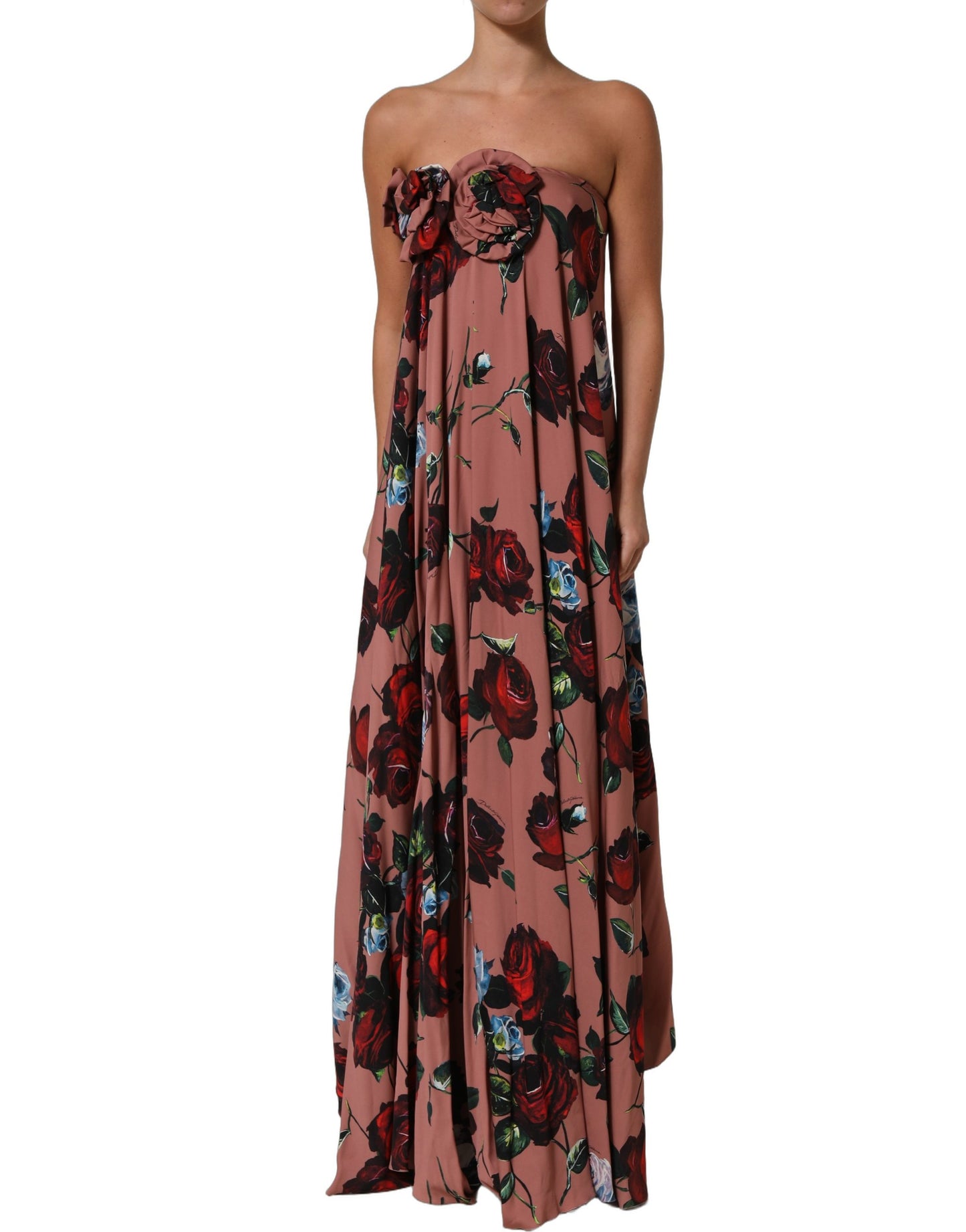 Dusty Pink Silk Floral Strapless Maxi Dress