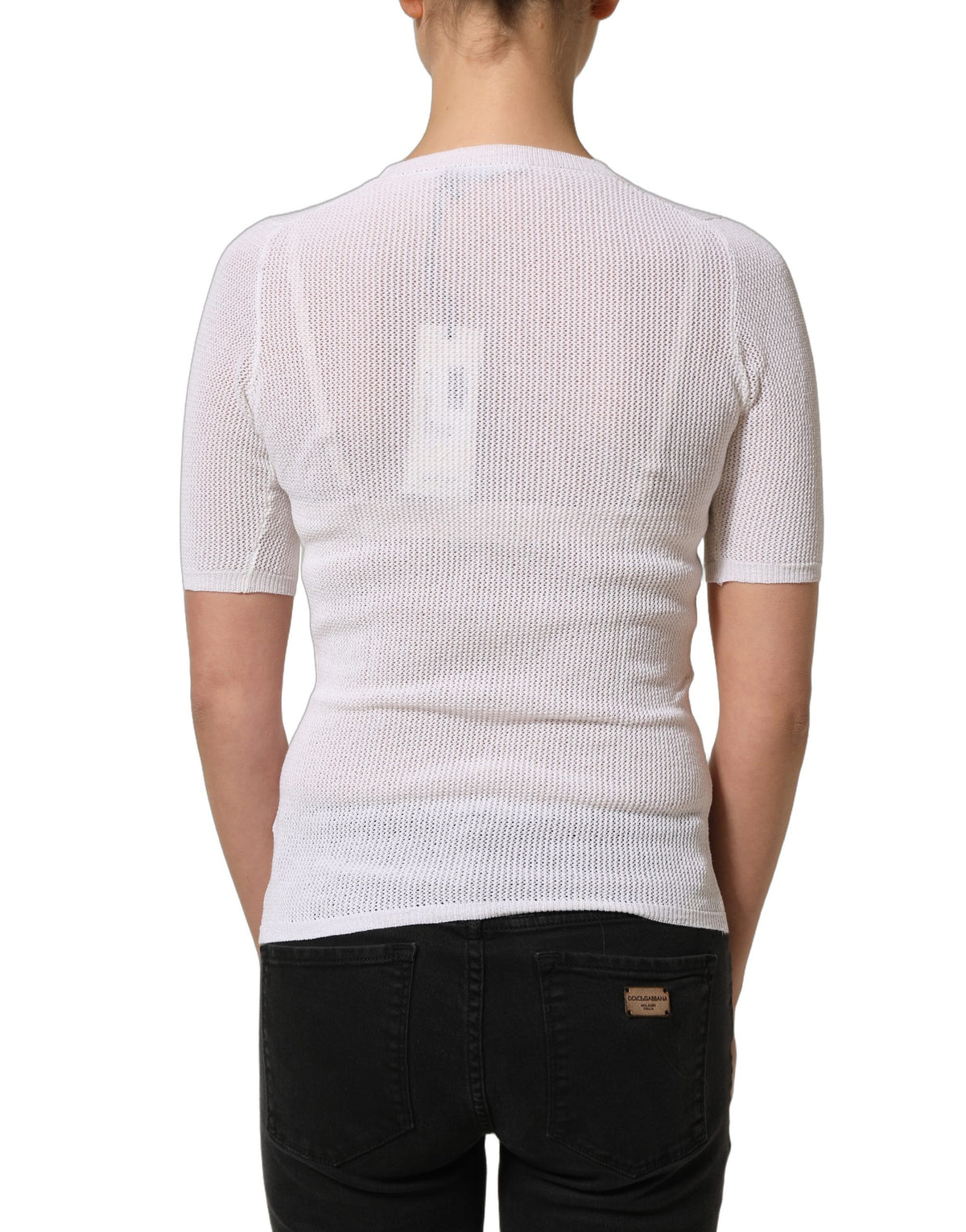 White Floral Lace Knit Fabric Short Sleeves Blouse Top