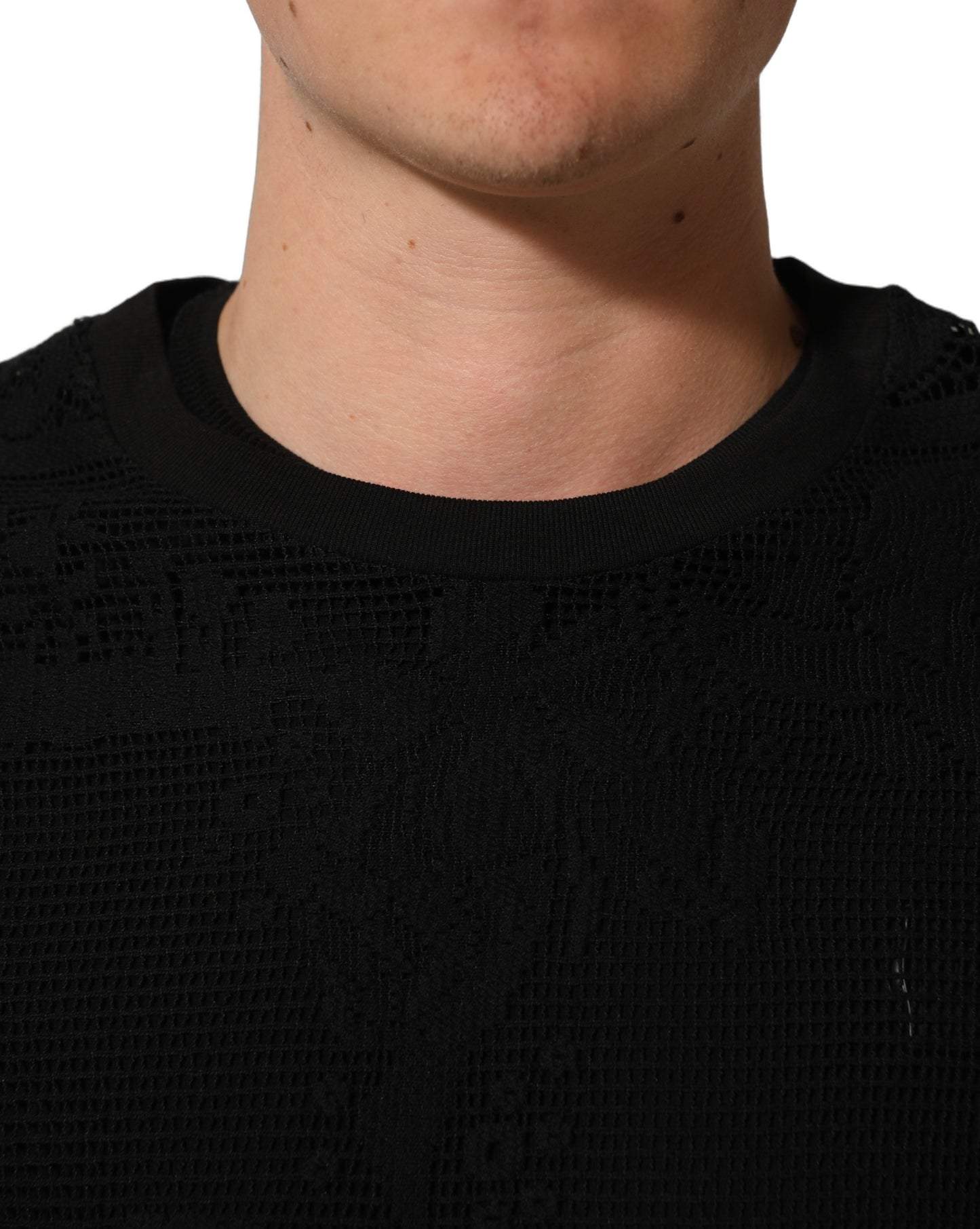 Black Cotton Floral Lace Crew Neck T-shirt