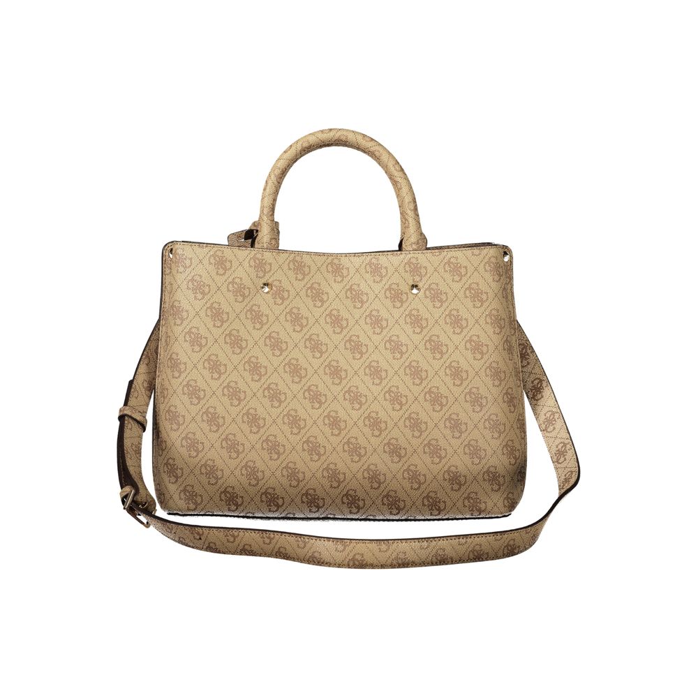 Beige Leather Women's Bag with Handles and Shoulder Strap
