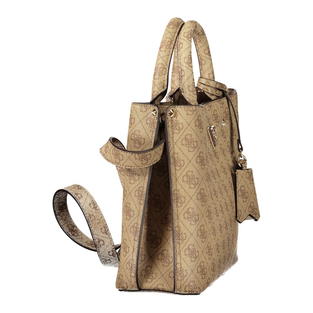 Beige Leather Women's Bag with Handles and Shoulder Strap