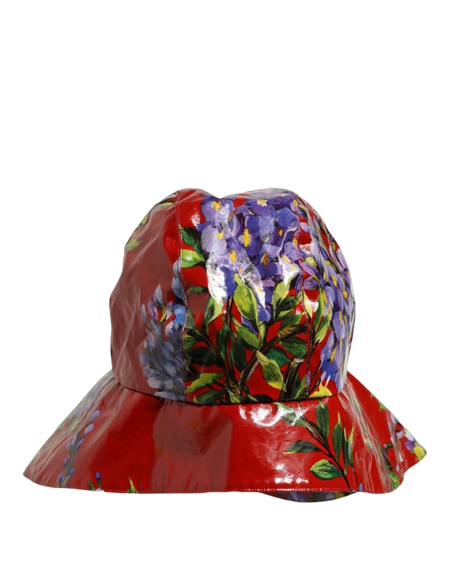 Glossy Red Floral Wide Brim Bucket Capello Hat