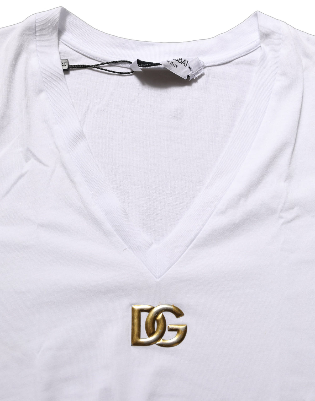 White Cotton Gold DG Logo V-Neck T-shirt