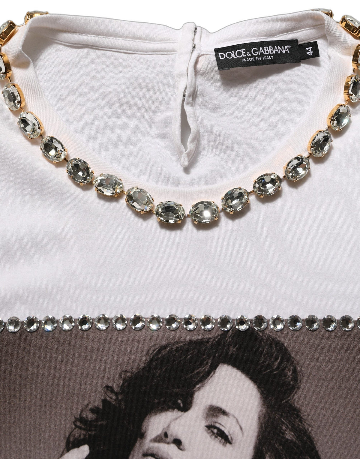 White Printed Jeweled Round Neck T-shirt
