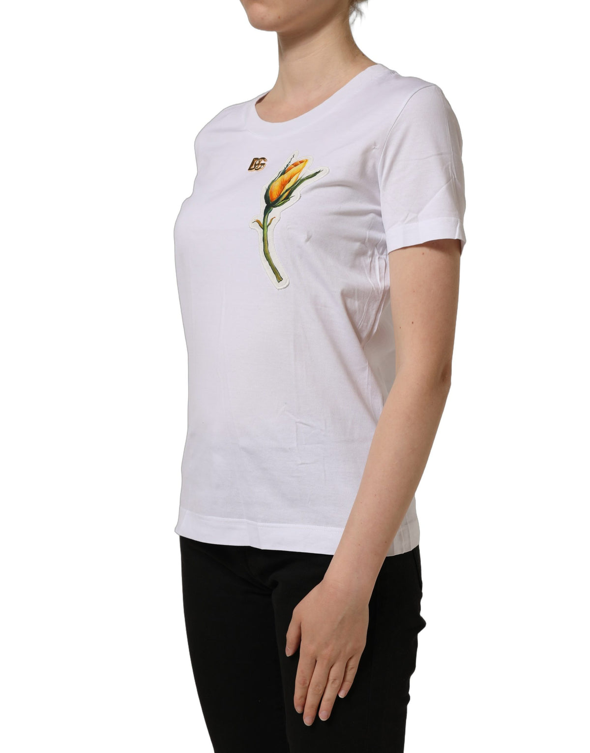 White Cotton Rose Patch Crew Neck T-shirt