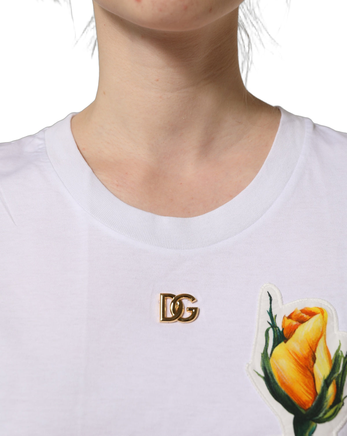 White Cotton Rose Patch Crew Neck T-shirt