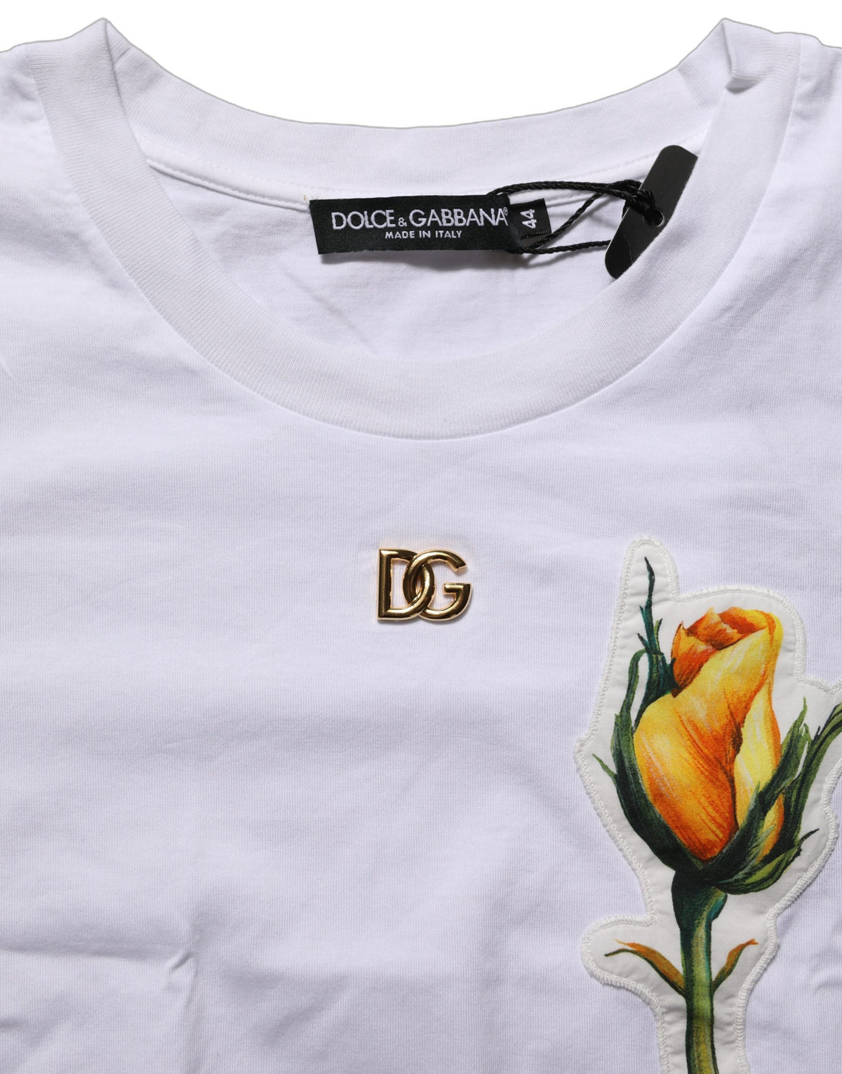 White Cotton Rose Patch Crew Neck T-shirt