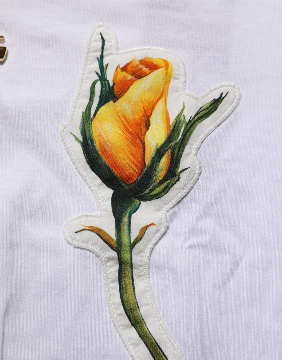 White Cotton Rose Patch Crew Neck T-shirt