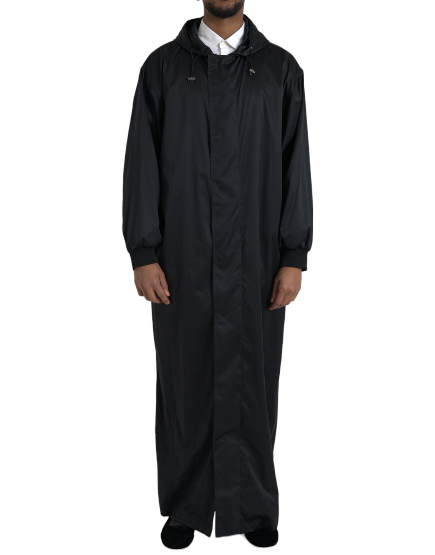 Black Polyester Hooded Long Windbreaker Jacket