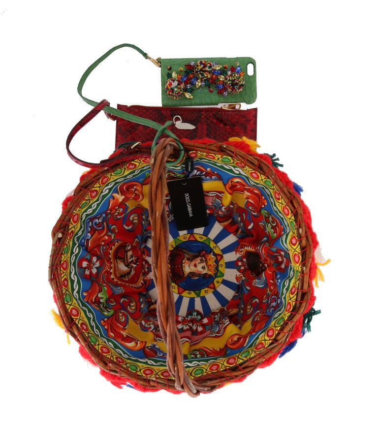 Multicolor AGNESE Straw Crystal Pom Pom Bag