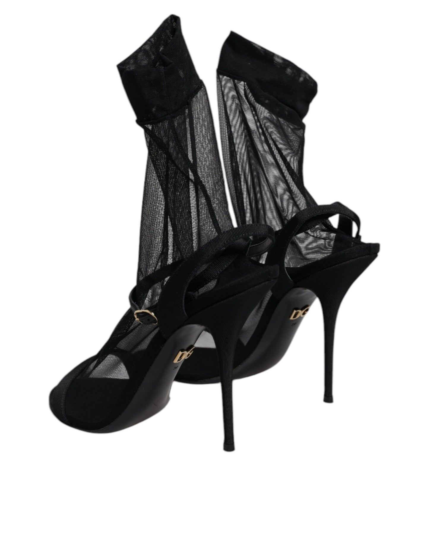 Black Tulle Stretch Heels Sandals Shoes
